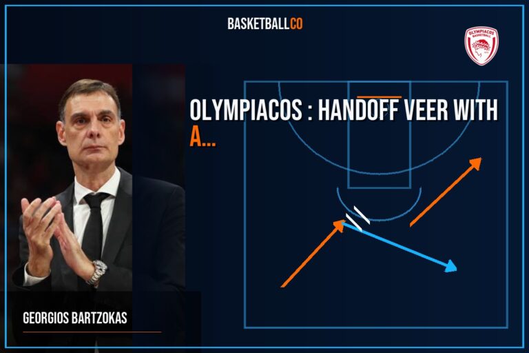 Olympiacos : handoff veer with a wide pindown for Jean Montero.