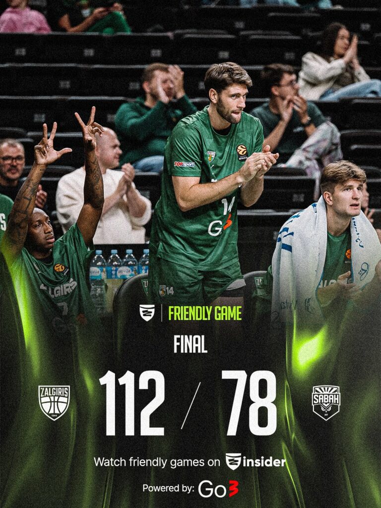 Žalgiris sigue invicto en pretemporada: contundente victoria ante Sabah (112-78).
